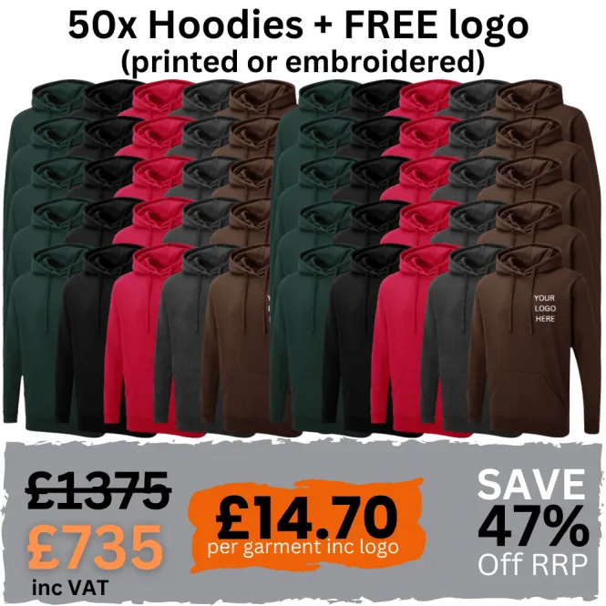 50-pack Hoodies with Custom Logo for Workwear - Embroidered or Printed