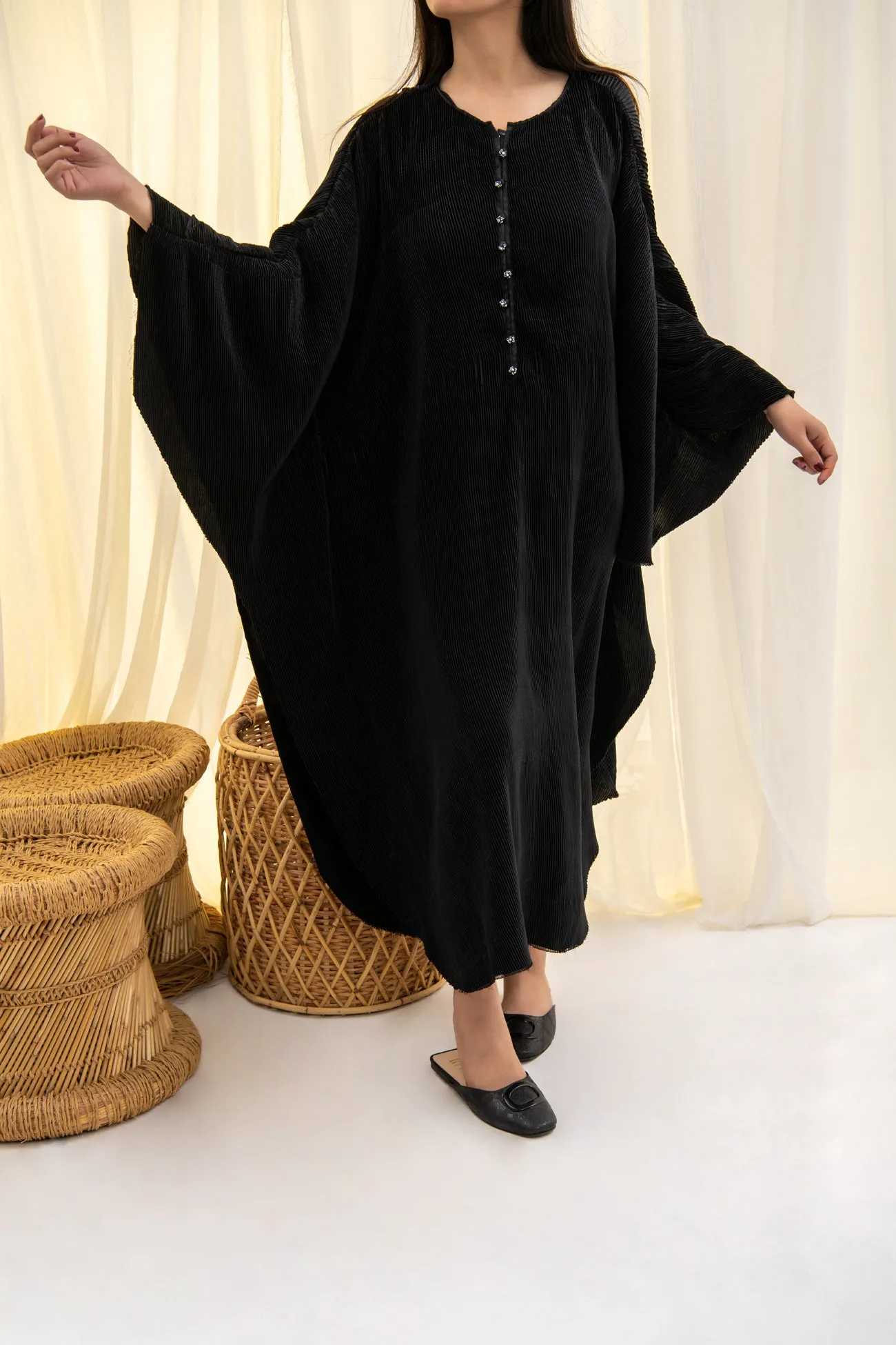 Batwing Sleeve Dress with Pleats