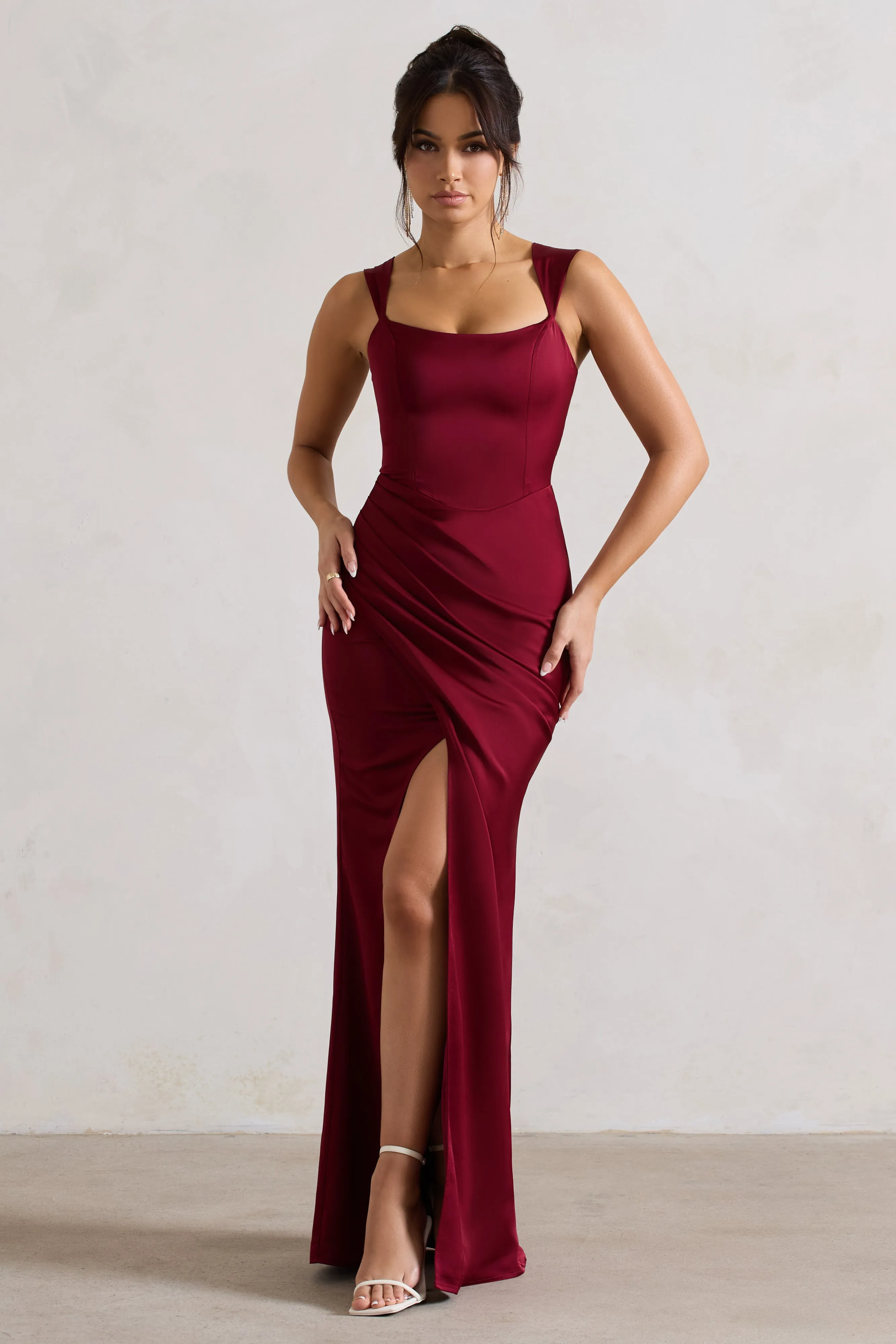 Berry Satin Corset Wrap Maxi Dress