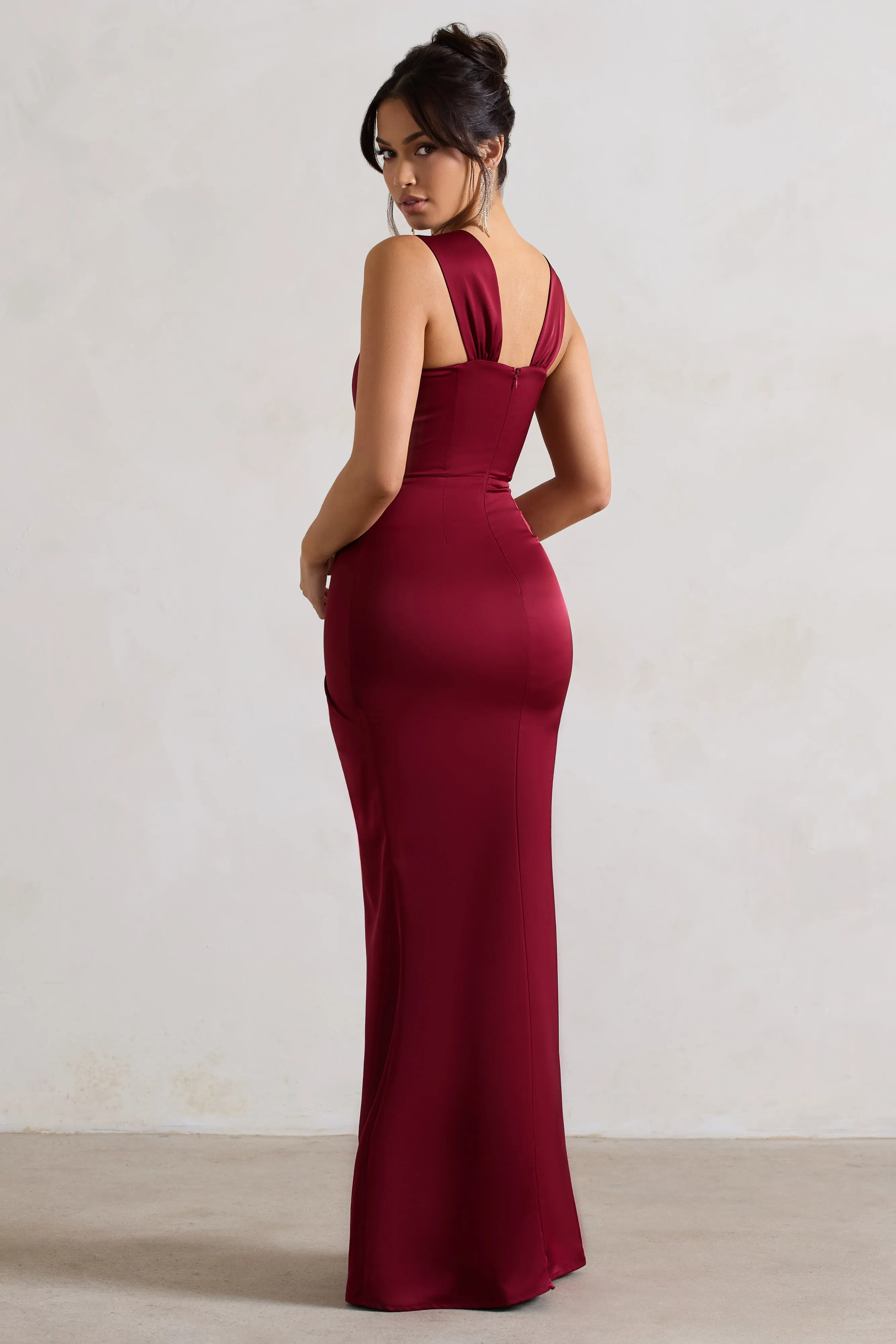 Berry Satin Corset Wrap Maxi Dress