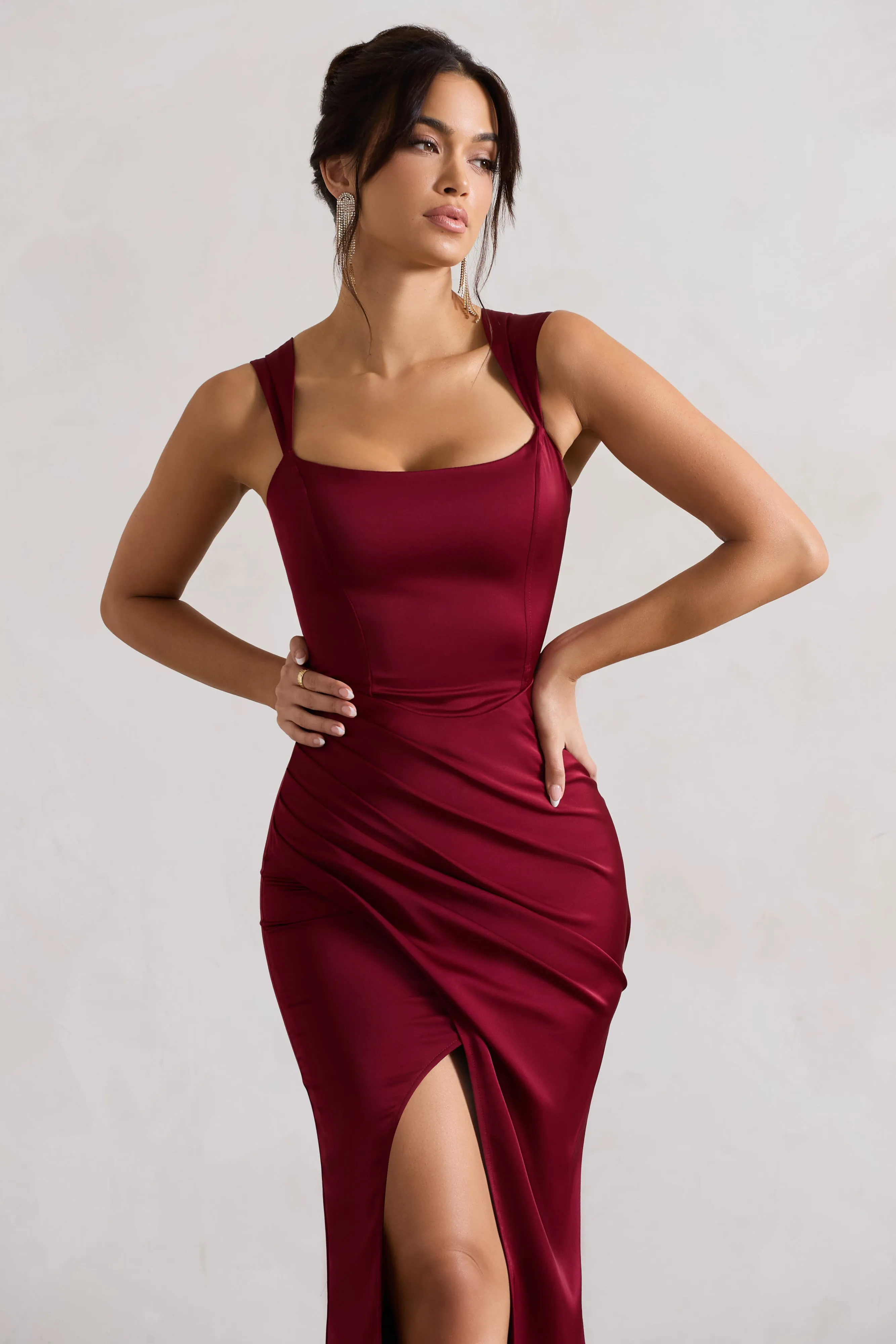 Berry Satin Corset Wrap Maxi Dress