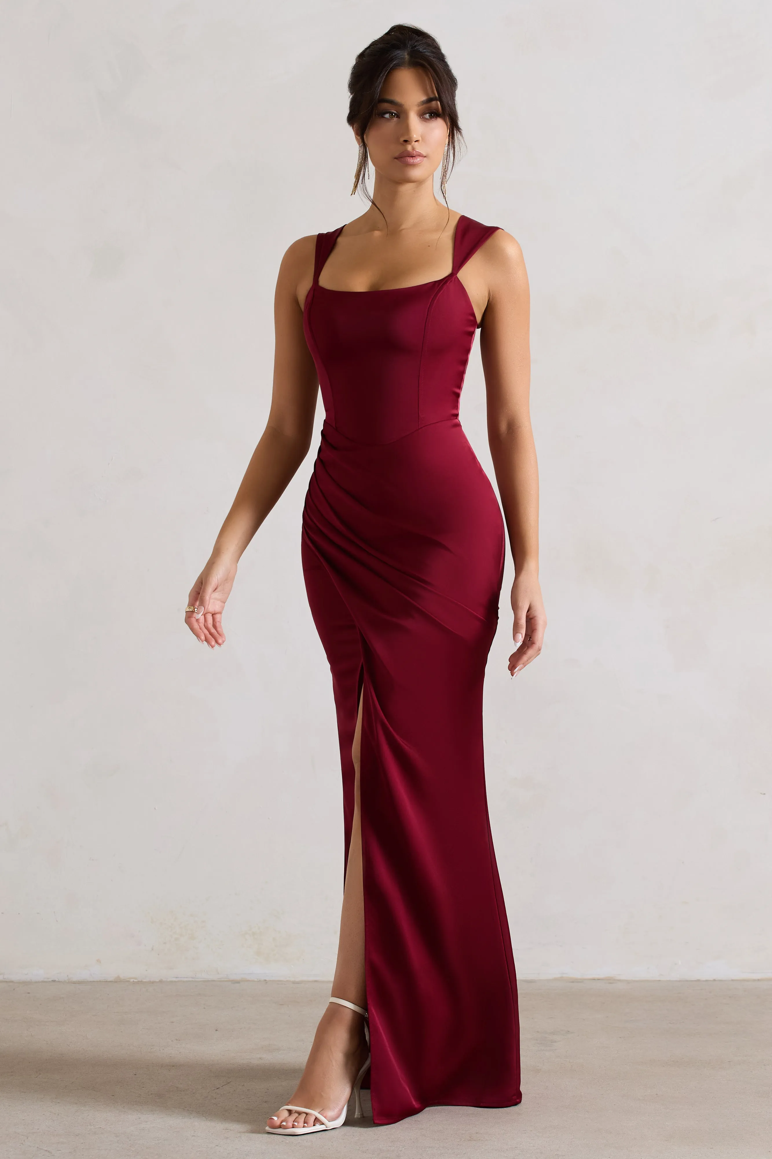 Berry Satin Corset Wrap Maxi Dress