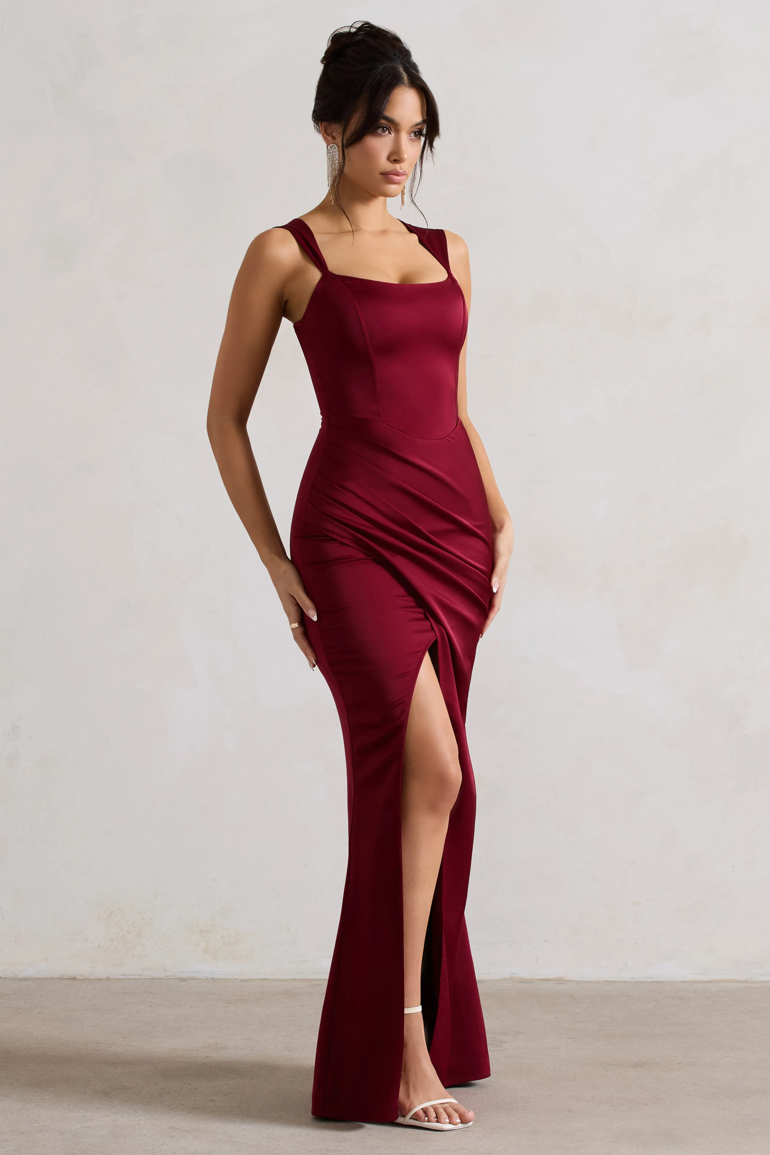 Berry Satin Corset Wrap Maxi Dress