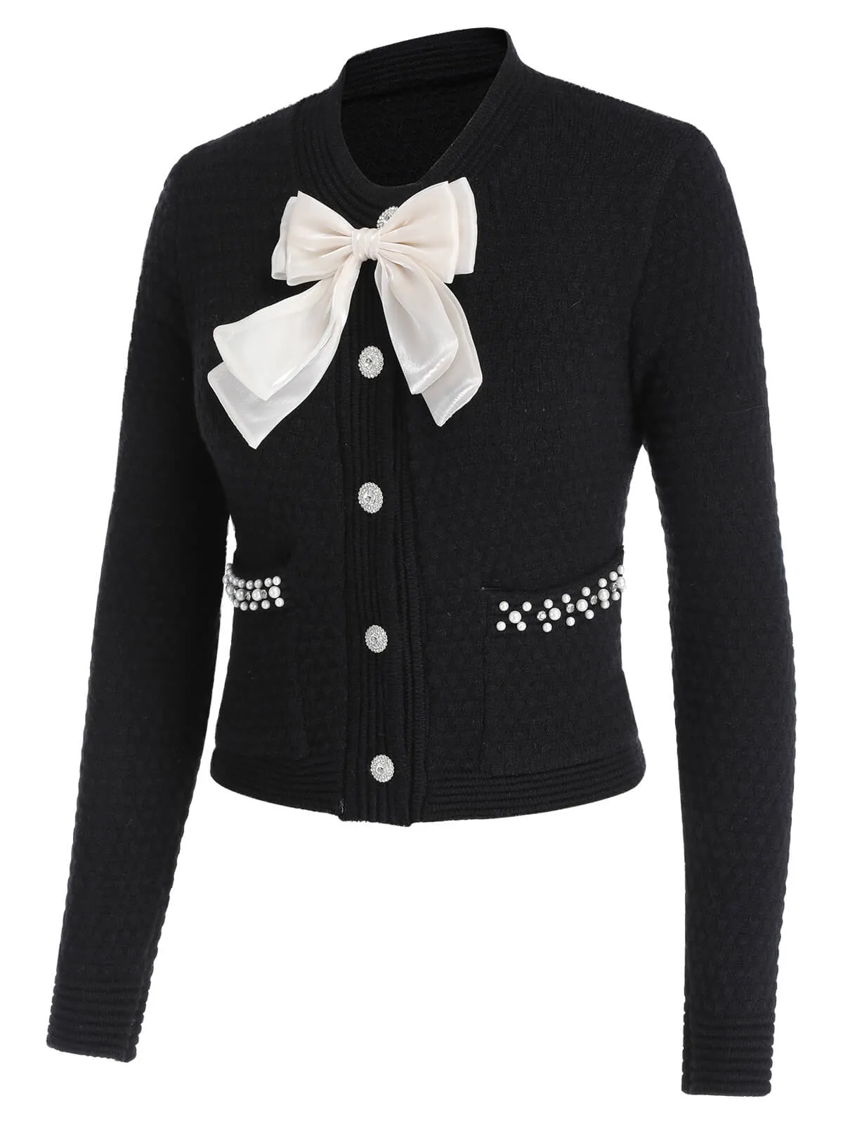 Black 1930s Solid Bow Knitted Jacket