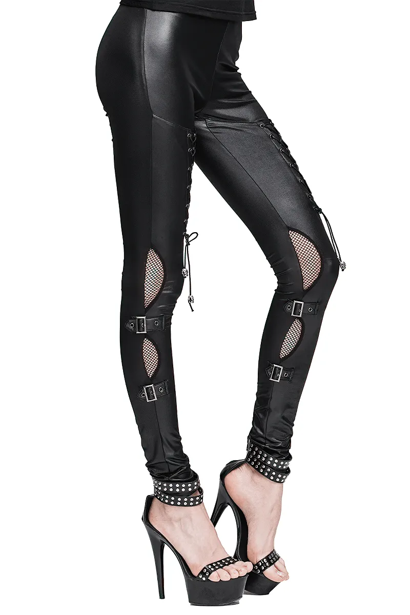 Black Leggings with Lacing and Mesh / Steampunk High Waisted Leggings with Buckles