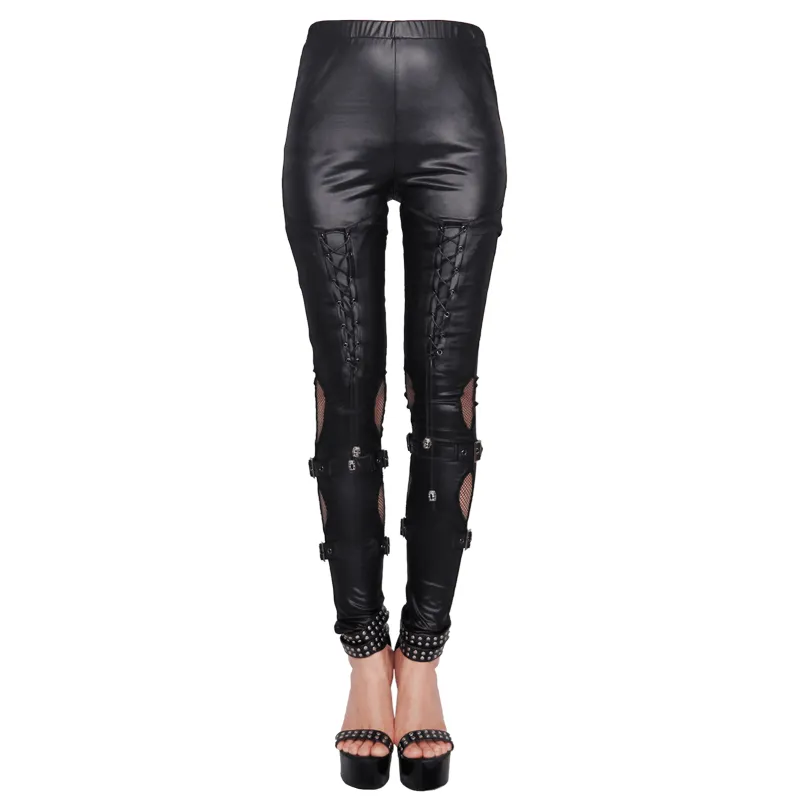 Black Leggings with Lacing and Mesh / Steampunk High Waisted Leggings with Buckles