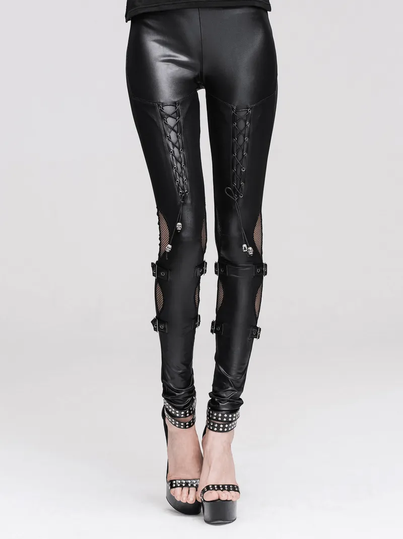 Black Leggings with Lacing and Mesh / Steampunk High Waisted Leggings with Buckles