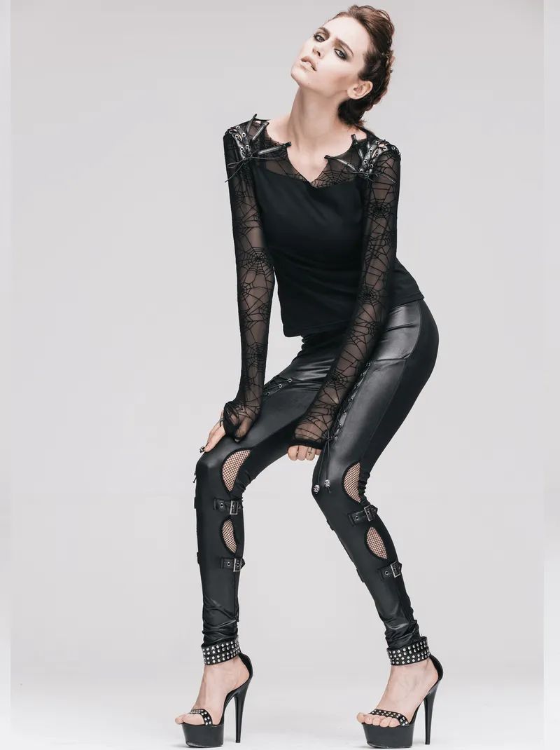 Black Leggings with Lacing and Mesh / Steampunk High Waisted Leggings with Buckles