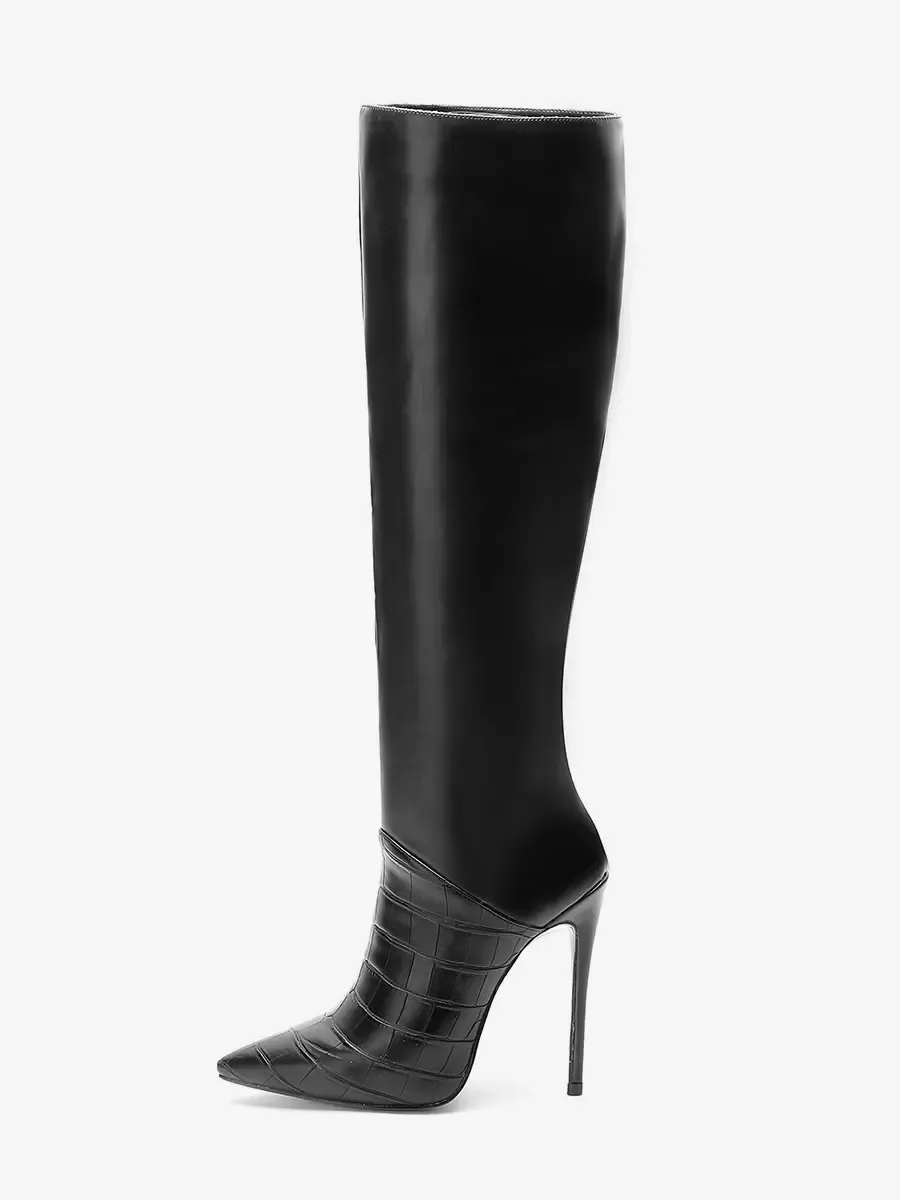 Black Pointed Toe Stiletto Heel Mid Calf High Heel Boots for Women