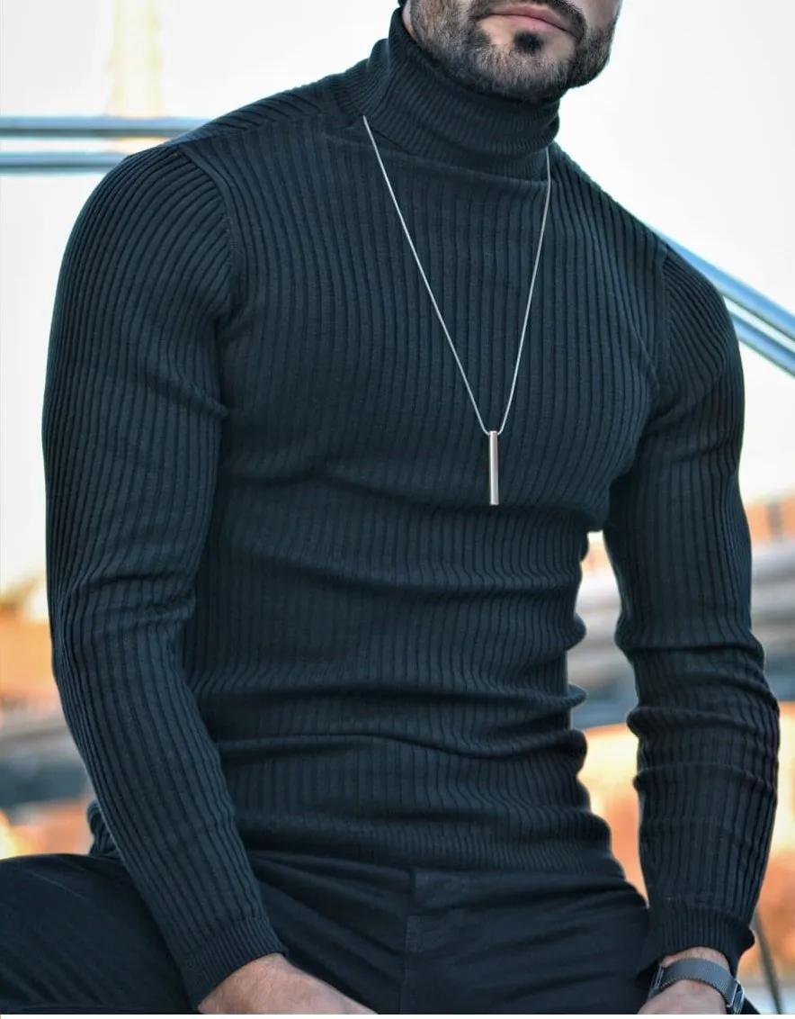 Black Wool Turtleneck Sweater Slim Fit - Napasta