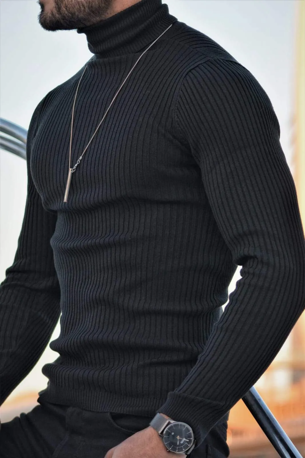 Black Wool Turtleneck Sweater Slim Fit - Napasta