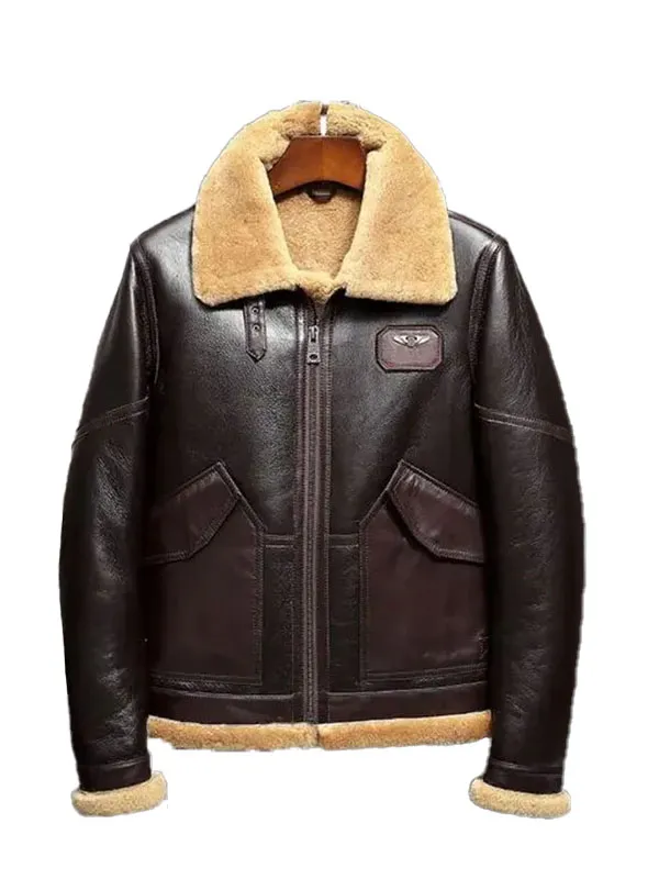 Classic Aviation-Inspired Leather Fur Coat