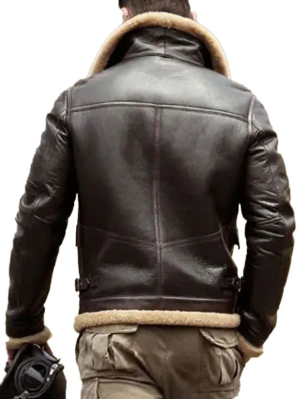 Classic Aviation-Inspired Leather Fur Coat