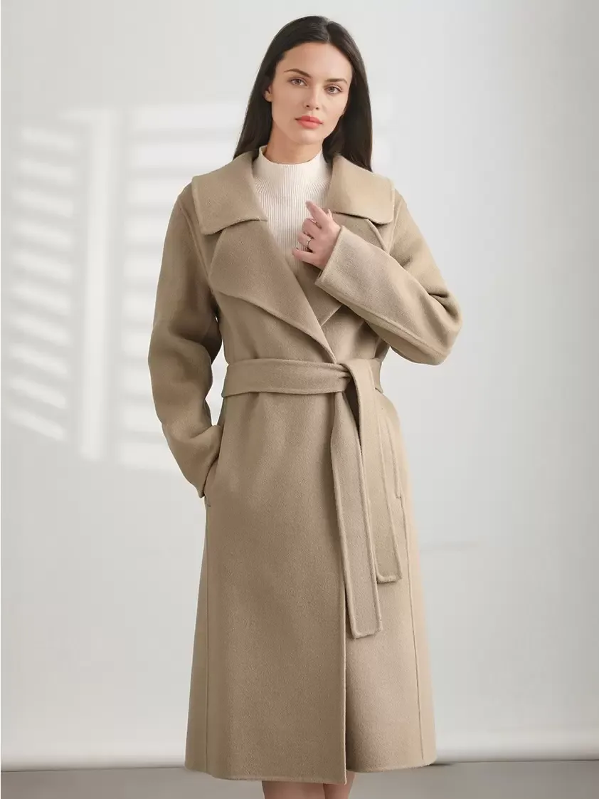 Coffee Brown Chic Maxi Coat for Women with Turndown Collar & Sash