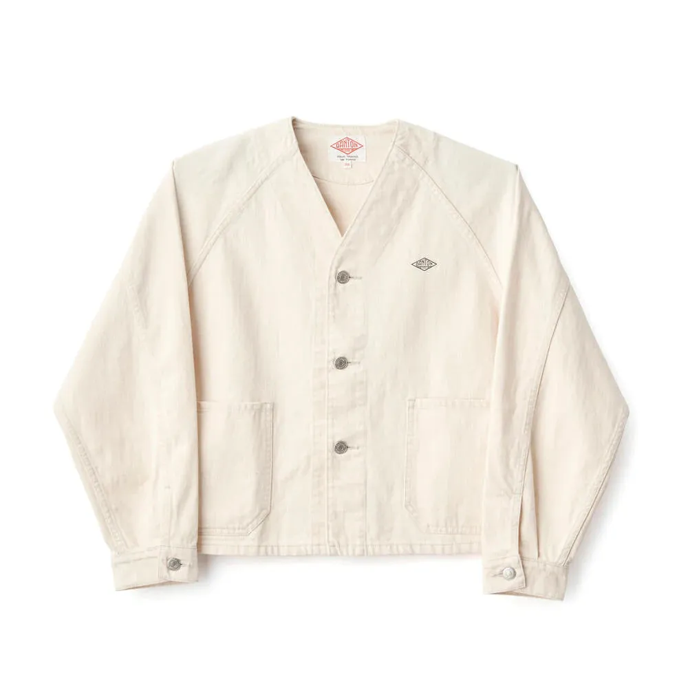 Danton Collarless Short Jacket in Cotton Twill - Ecru.