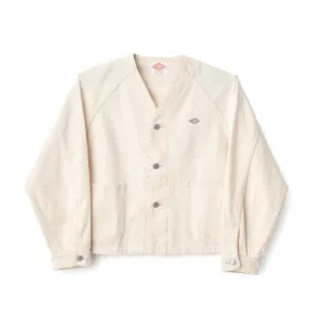 Danton Collarless Short Jacket in Cotton Twill - Ecru.