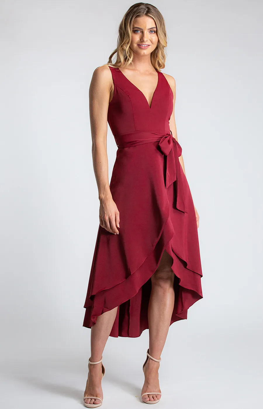 Deep V-Neckline Sleeveless Dress with Waterfall Hem