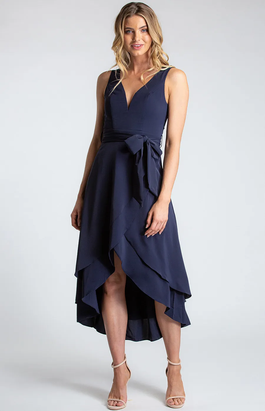 Deep V-Neckline Sleeveless Dress with Waterfall Hem