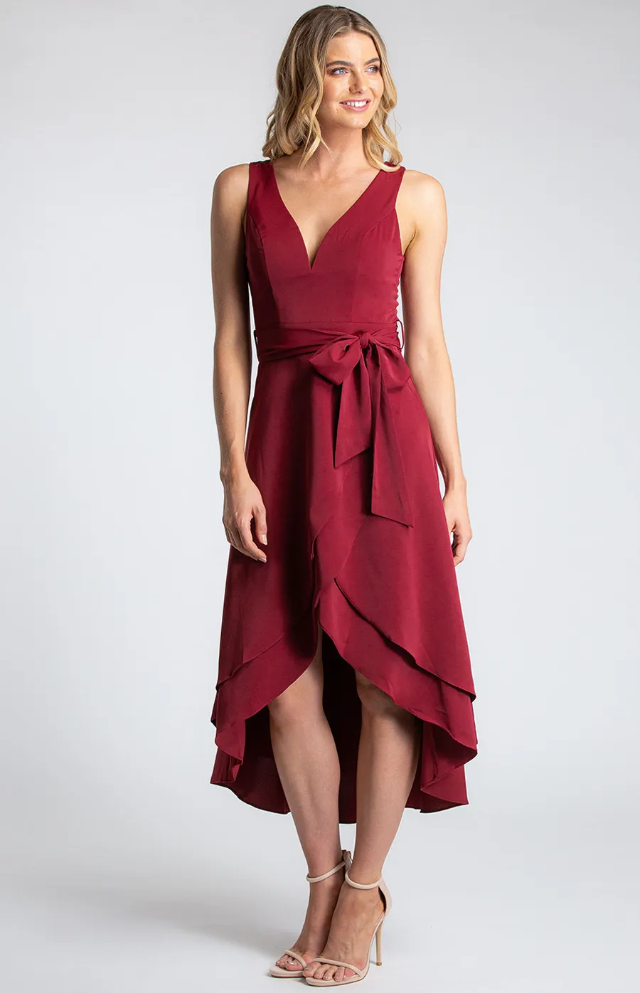 Deep V-Neckline Sleeveless Dress with Waterfall Hem