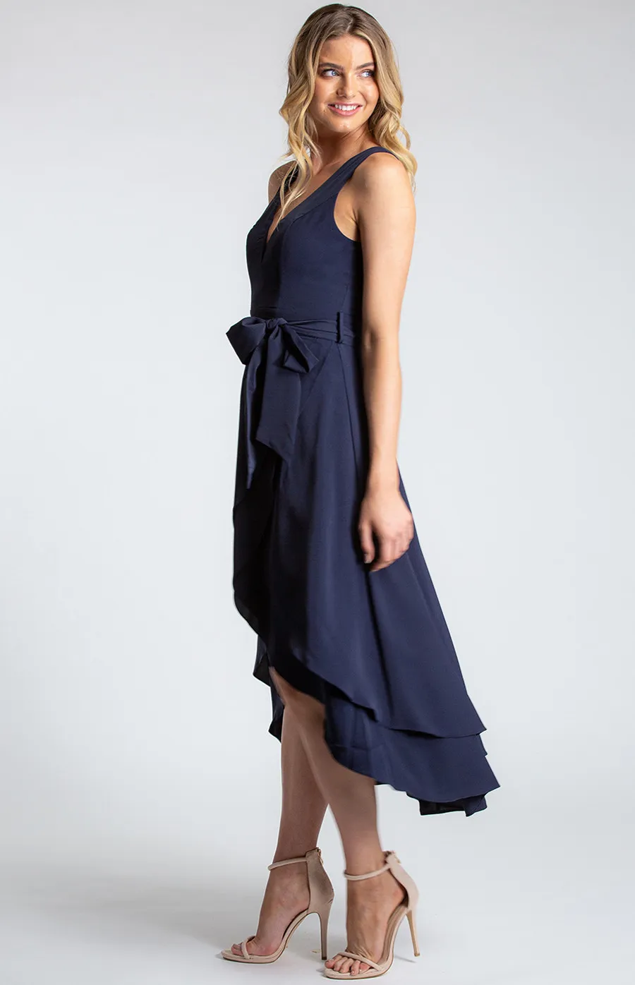 Deep V-Neckline Sleeveless Dress with Waterfall Hem