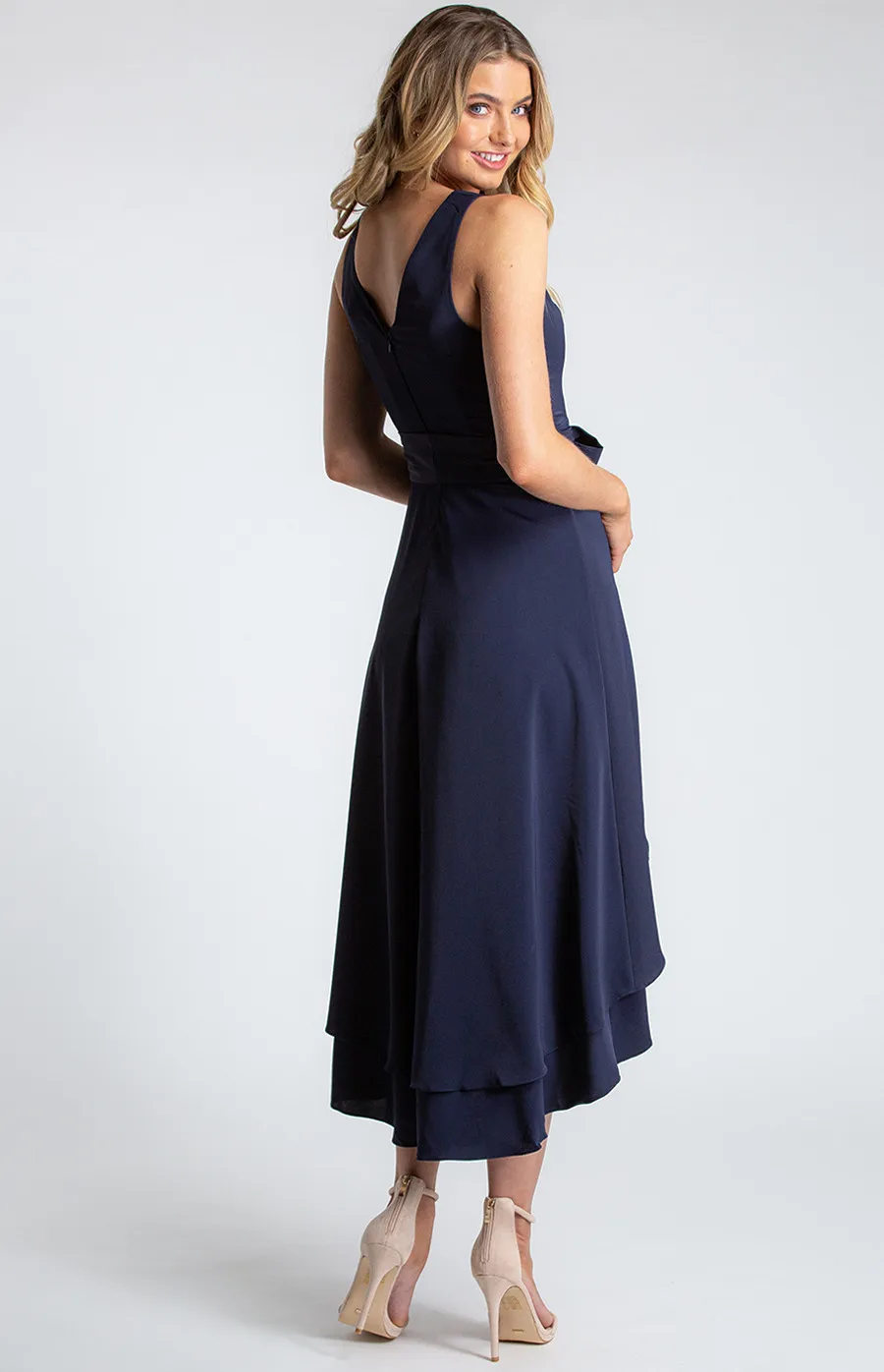 Deep V-Neckline Sleeveless Dress with Waterfall Hem