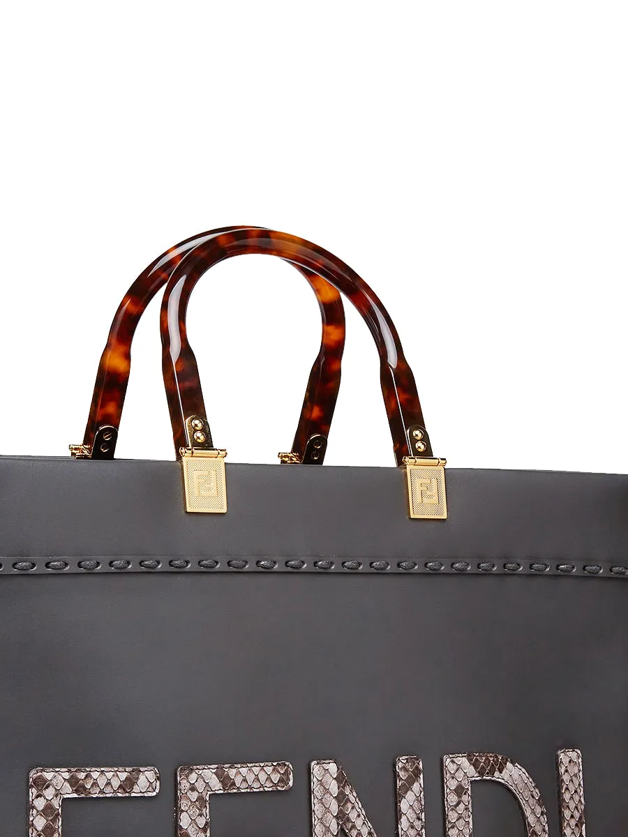 Fendi Sunshine Medium in Dark Grey Leather and Elaphe Shopper