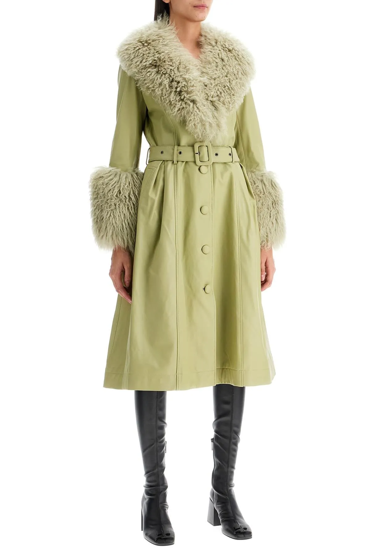 shearling and leather long coat in sage color, style 04511