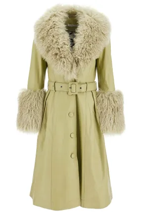 shearling and leather long coat in sage color, style 04511