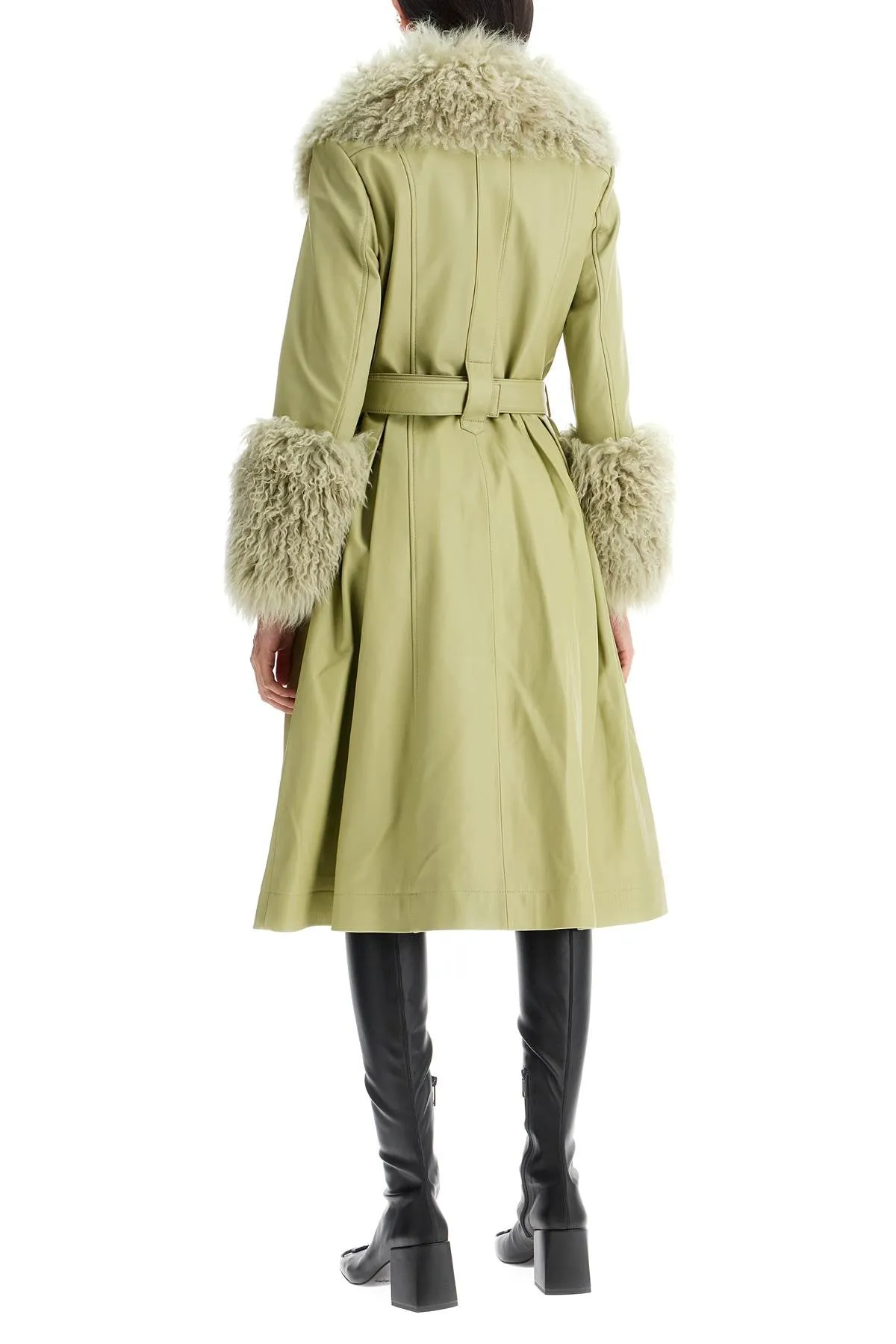 shearling and leather long coat in sage color, style 04511