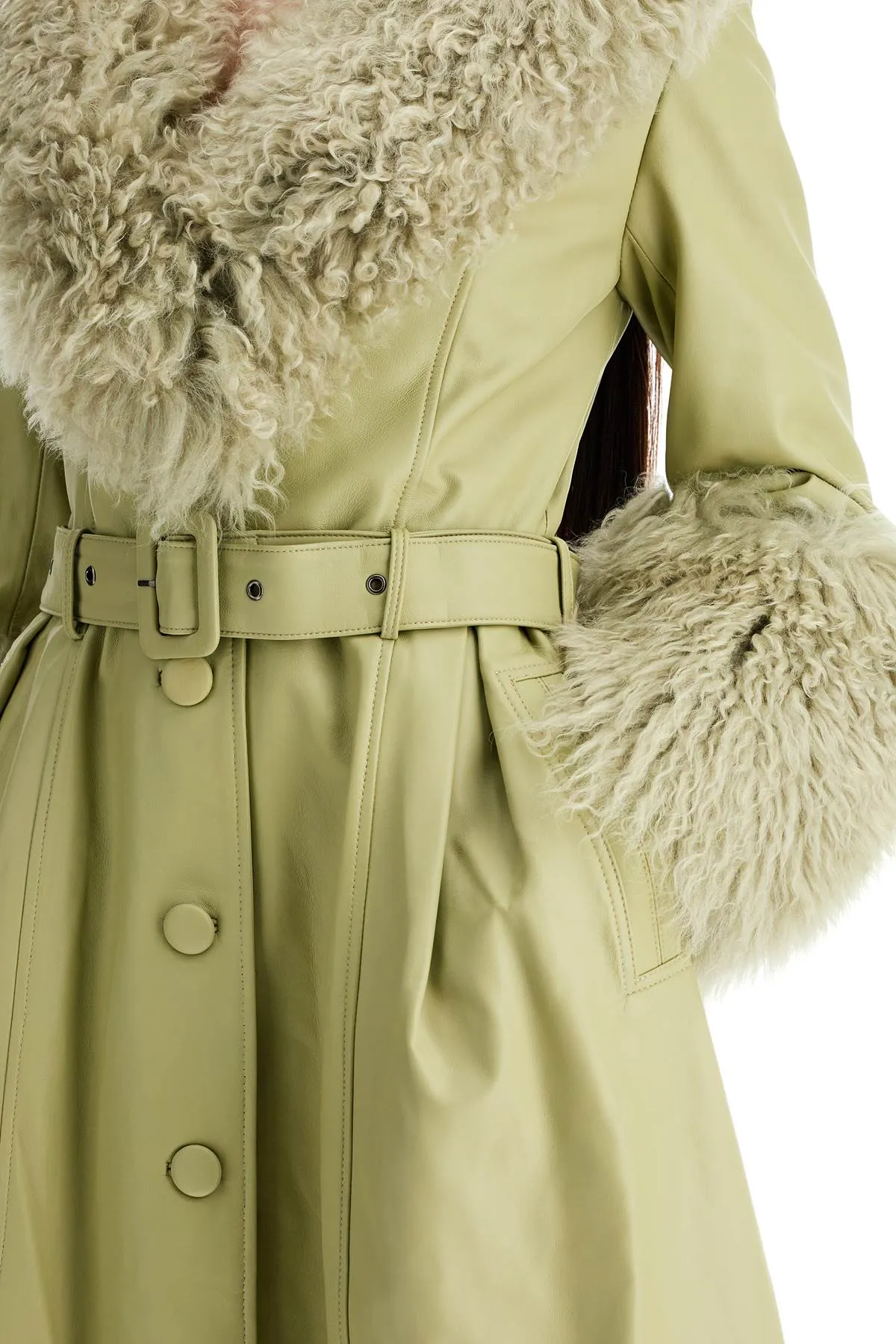 shearling and leather long coat in sage color, style 04511