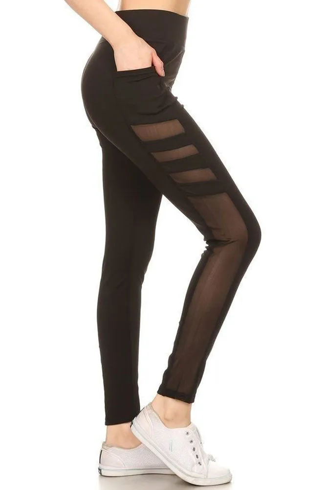 High Waist Leggings with Mesh Panel and Side Pockets for Women