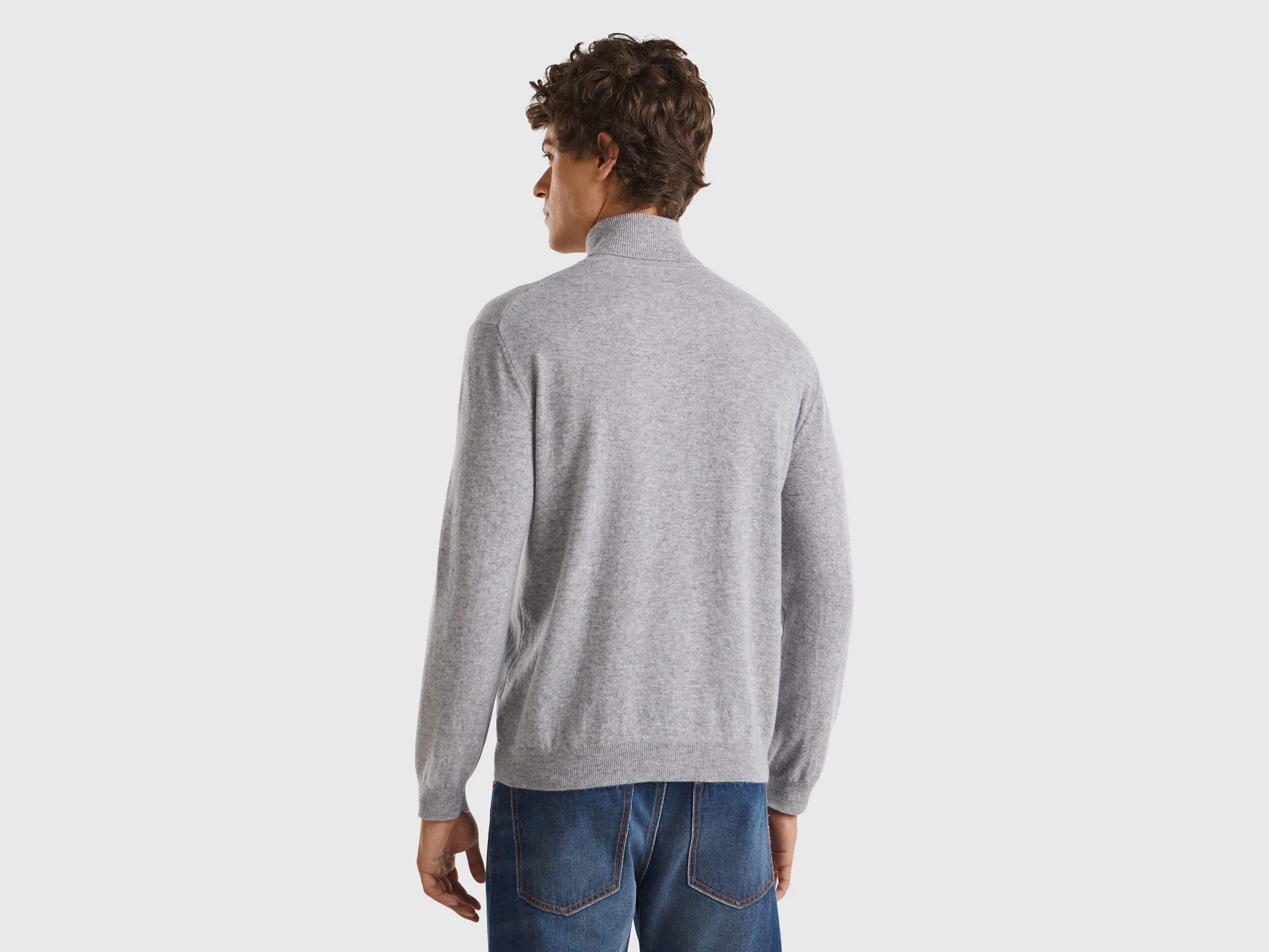 Benetton Light Gray Marl Gray Turtleneck Pure Merino Wool