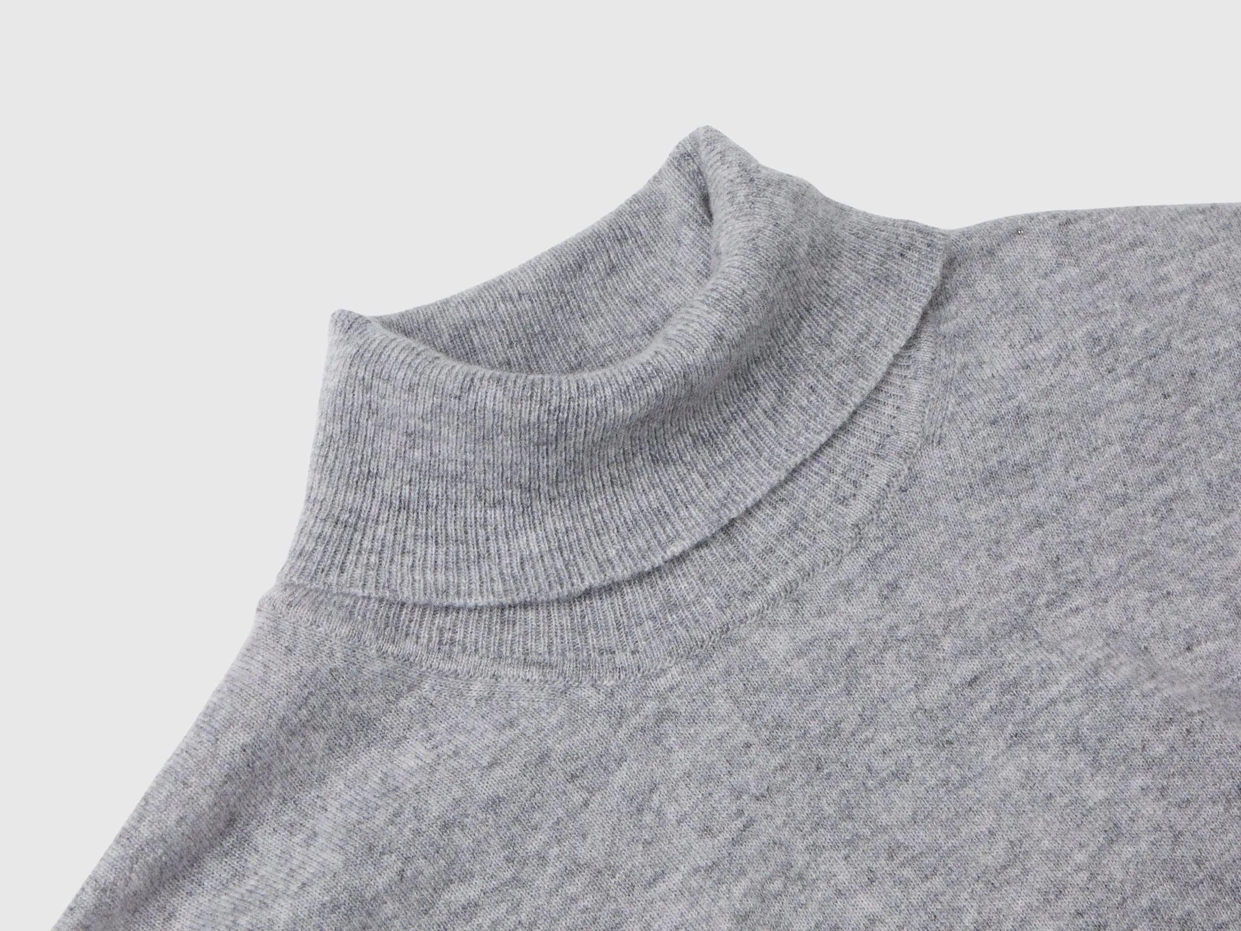 Benetton Light Gray Marl Gray Turtleneck Pure Merino Wool