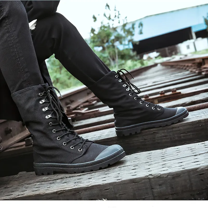 Men's Mid-calf Military Tactical Boots with Canvas Lace-Up Design