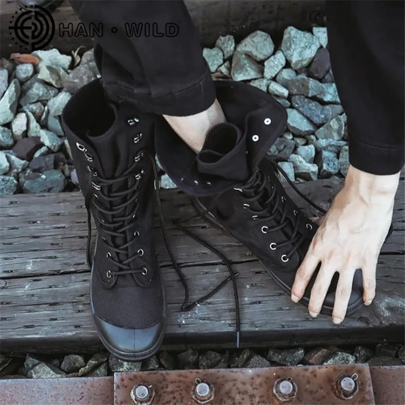 Men's Mid-calf Military Tactical Boots with Canvas Lace-Up Design