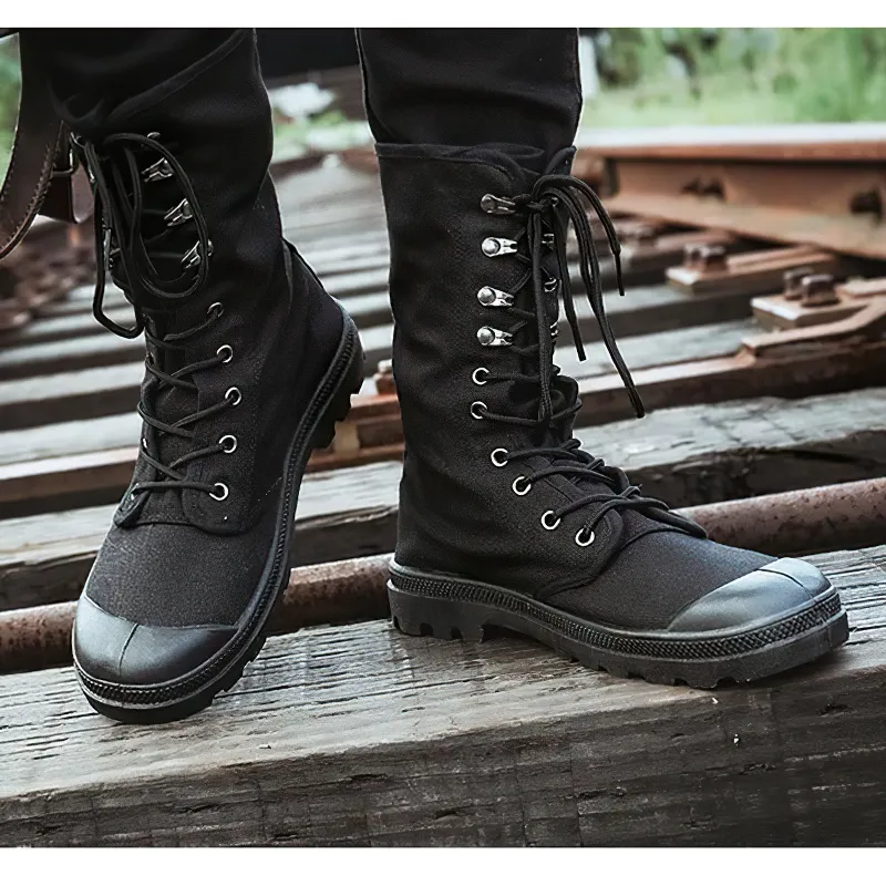 Men's Mid-calf Military Tactical Boots with Canvas Lace-Up Design