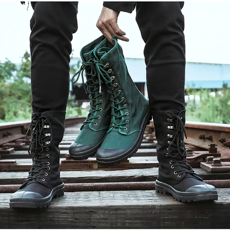 Men's Mid-calf Military Tactical Boots with Canvas Lace-Up Design