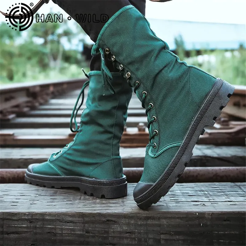 Men's Mid-calf Military Tactical Boots with Canvas Lace-Up Design