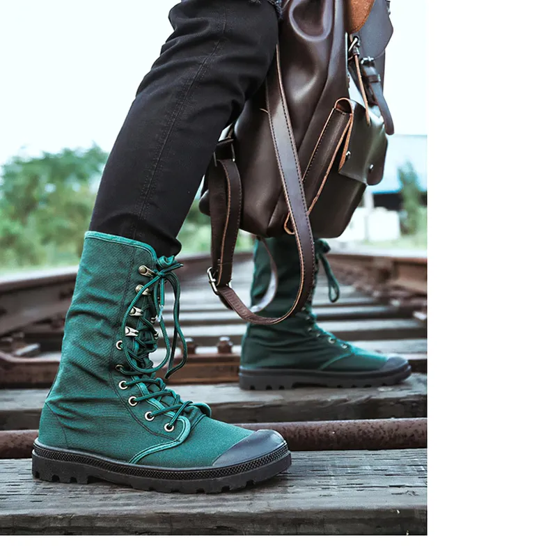 Men's Mid-calf Military Tactical Boots with Canvas Lace-Up Design