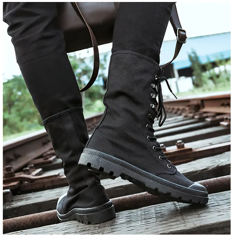 Men's Mid-calf Military Tactical Boots with Canvas Lace-Up Design