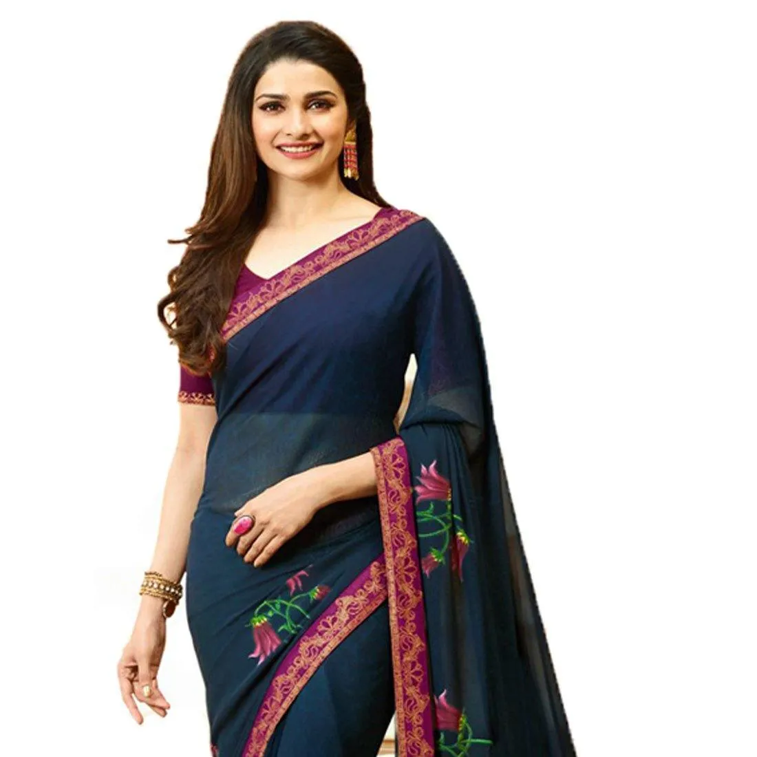 Mesmerising Navy Blue-Purple Designer Printed Georgette Saree