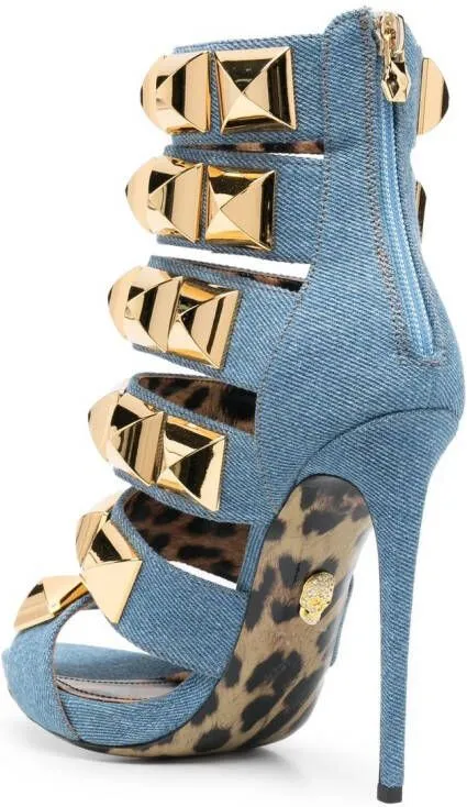 Philipp Plein Blue Studded Denim Sandals 120mm