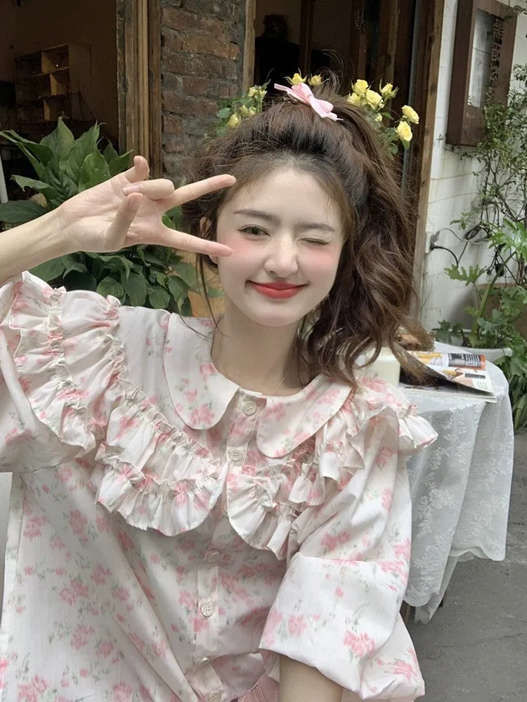 Plus size women's clothing for fat mm summer sweet heavy industry ruffled doll collar puff sleeves pink floral short-sleeved shi