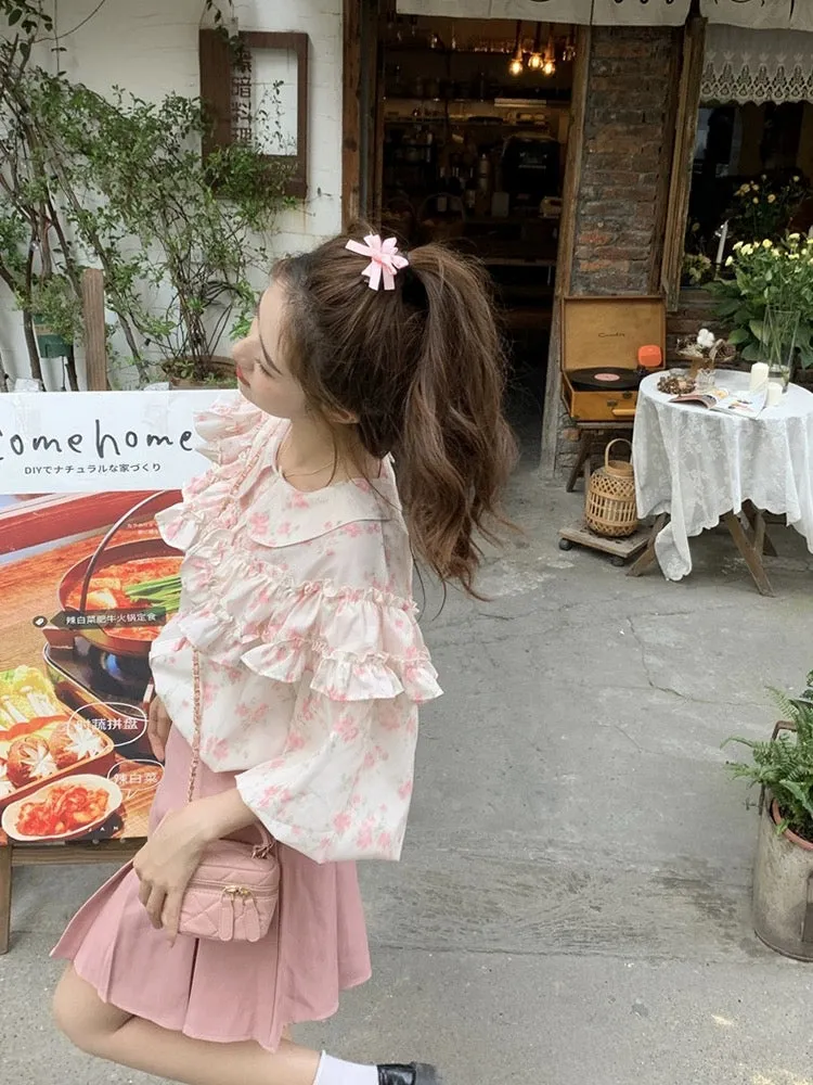 Plus size women's clothing for fat mm summer sweet heavy industry ruffled doll collar puff sleeves pink floral short-sleeved shi