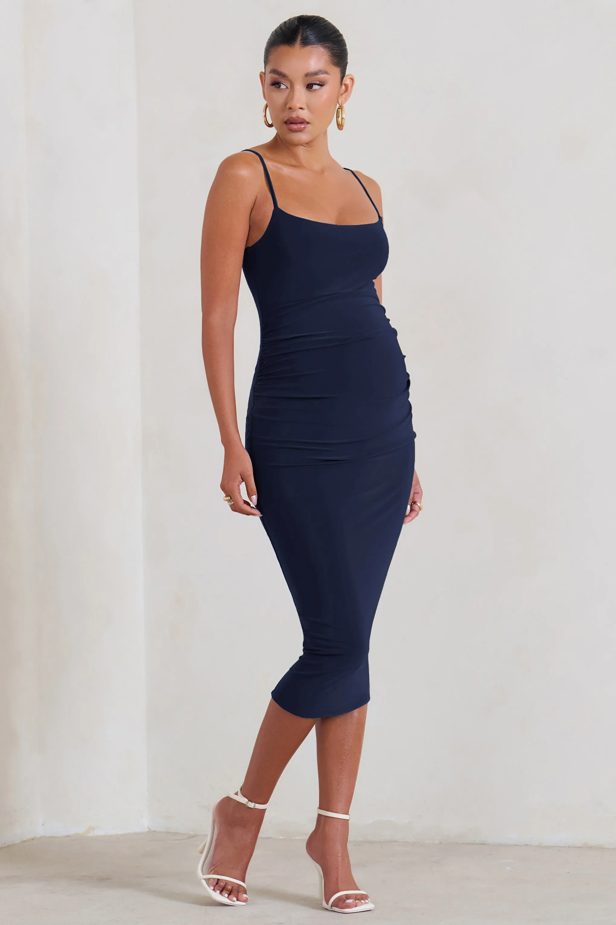 Raquel Navy Maternity Cami Midi Dress With Side Split