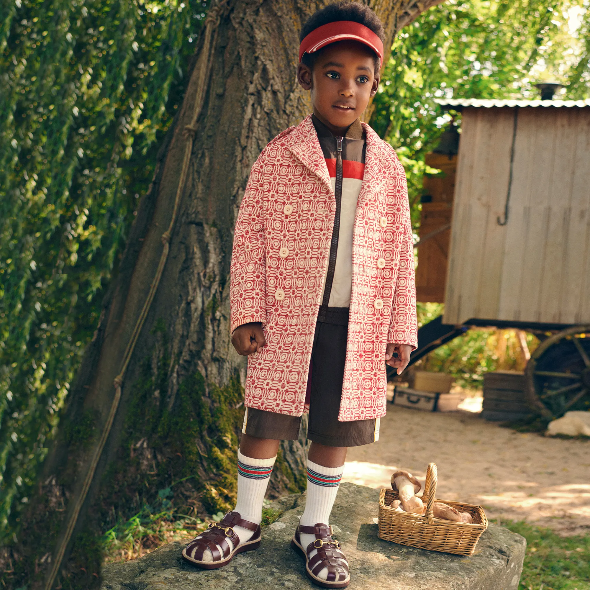 Red and White Logo Print Cotton Coat