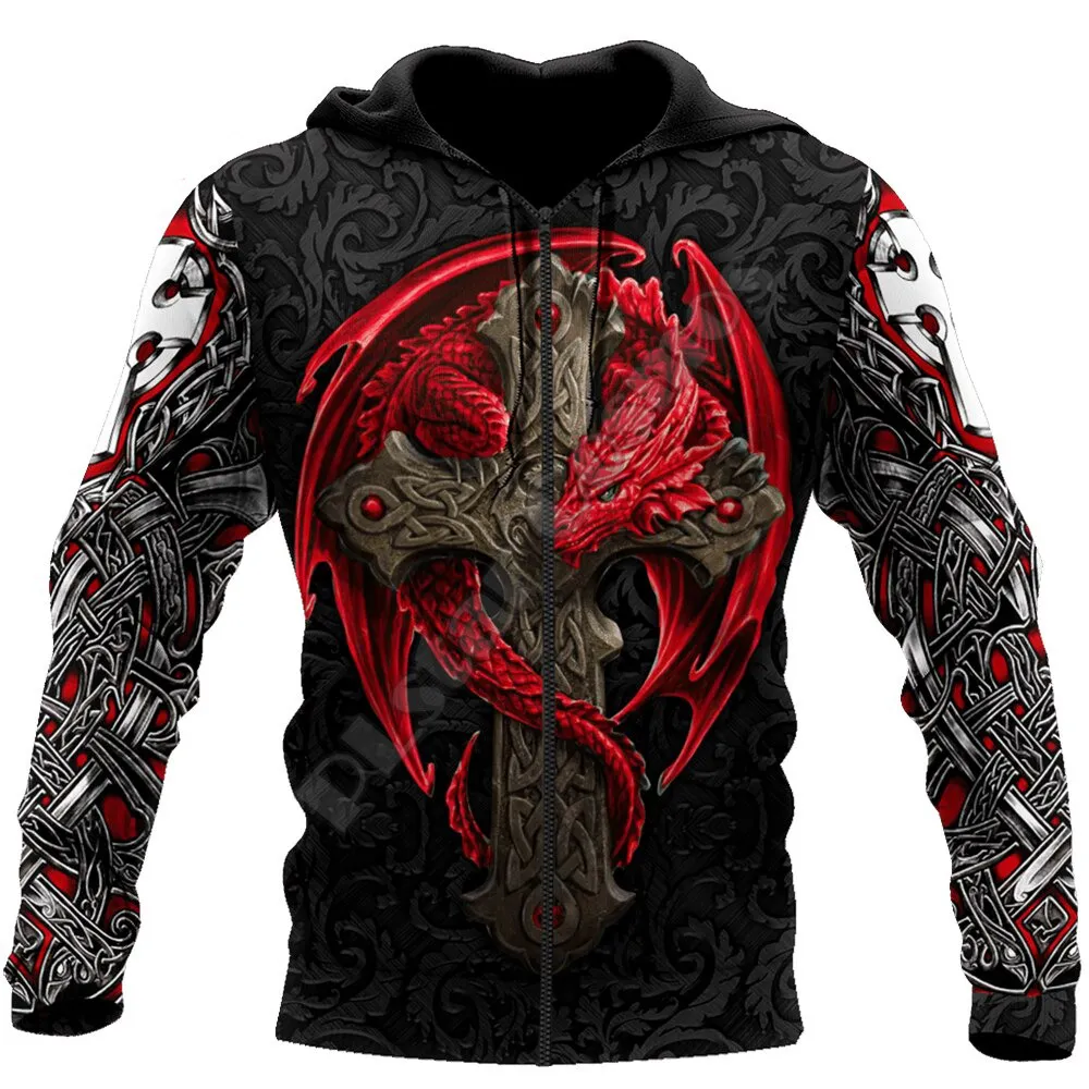 Alternative Style Red Dragon Cross Tattoo 3D Printed Hoodies - Men's Hooded Sweatshirt