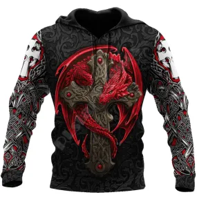 Alternative Style Red Dragon Cross Tattoo 3D Printed Hoodies - Men's Hooded Sweatshirt