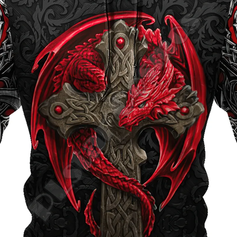 Alternative Style Red Dragon Cross Tattoo 3D Printed Hoodies - Men's Hooded Sweatshirt