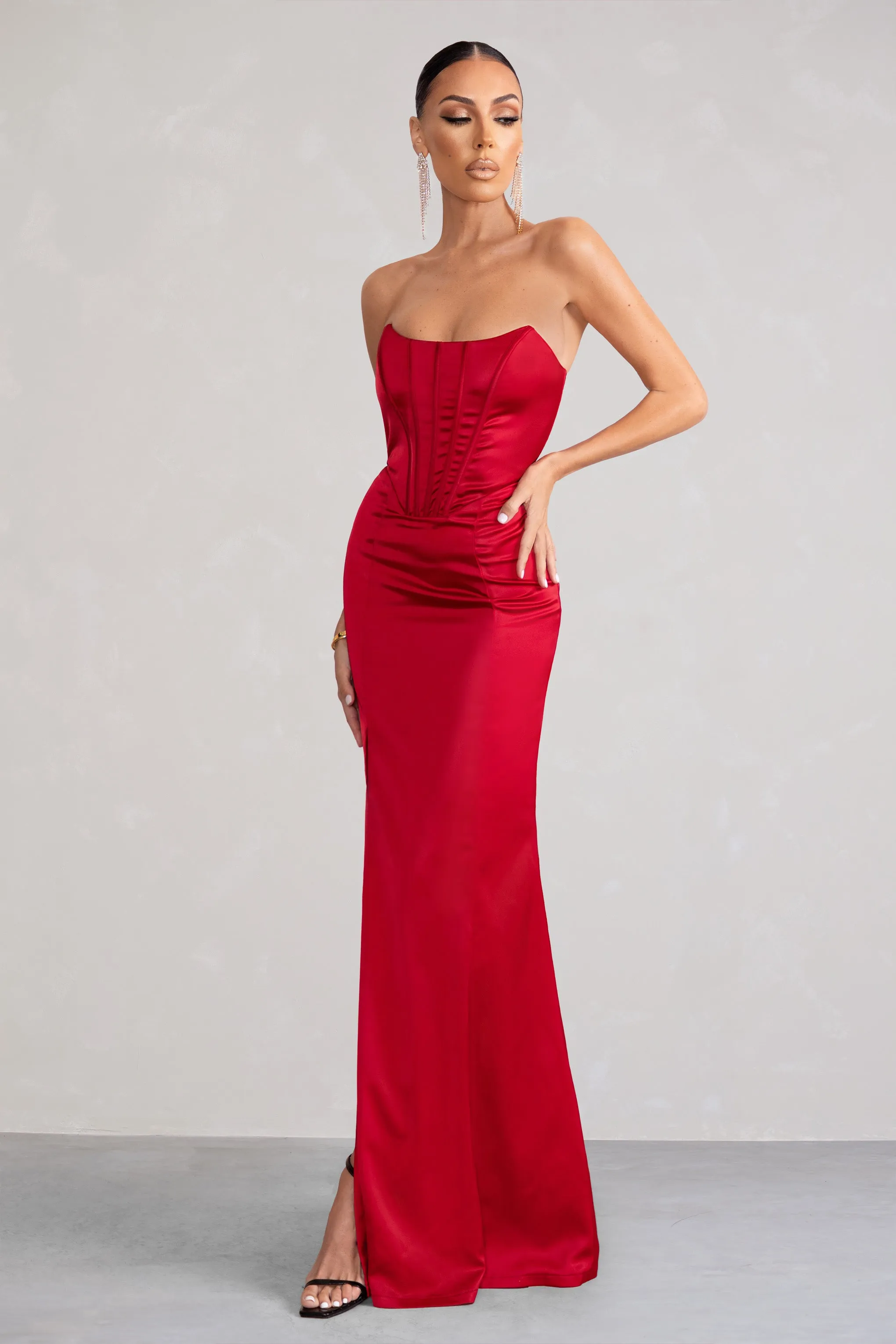 Red Satin Strapless Fishtail Maxi Dress